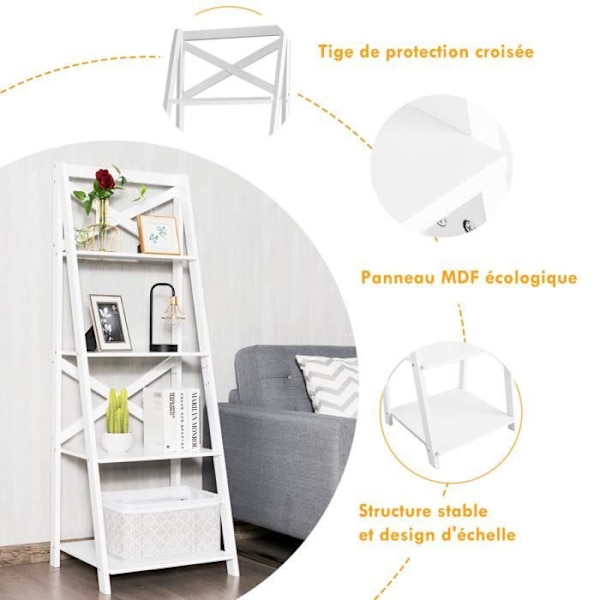 COSTWAY Moderne 4-lags opbevaringshylder 51 x 46 x 143 CM Stige reol med X-formede forstærkningslameller, hvid Vit