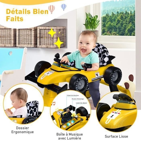 COSTWAY Musical kokoontaittuva Baby Walker 4 in 1 -auton ulkonäön työntäjä, säädettävä korkeus ja nopeus vaaleankeltaisella ohjauspyörällä gult och svart