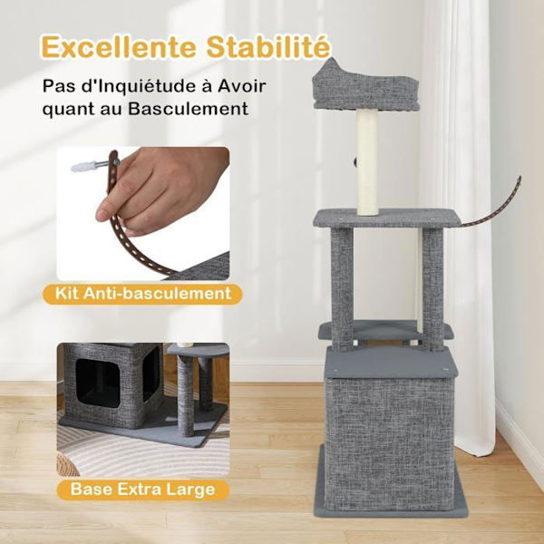 COSTWAY Katteklatretårn Multi-Niveau 117 CM, Kradsepæle, Sisalrampe, Lejlighed, Siddested, Hængende Legetøj, Hoppeplatform Grå och svart