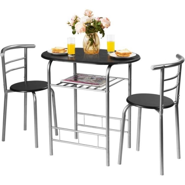 COSTWAY Matbord och 2 stolar Set, Köksbord: 80 x 53 x 75 cm (L x B x H) Metallram Svart+Silver