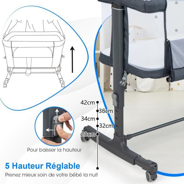 COSTWAY Baby-samsoveseng med madras-5 justerbar højde-belastning 9KG-åndbar mesh vuggeseng-rejsetaske-0-6 måneder-grå Grå