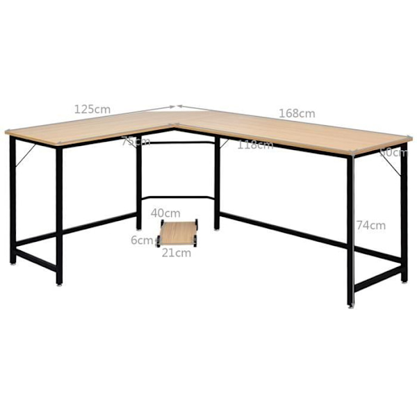 Hjørneskrivebord computerbord 168 x 125 x 74 cm computerbord i træ med 6 justerbare metalben