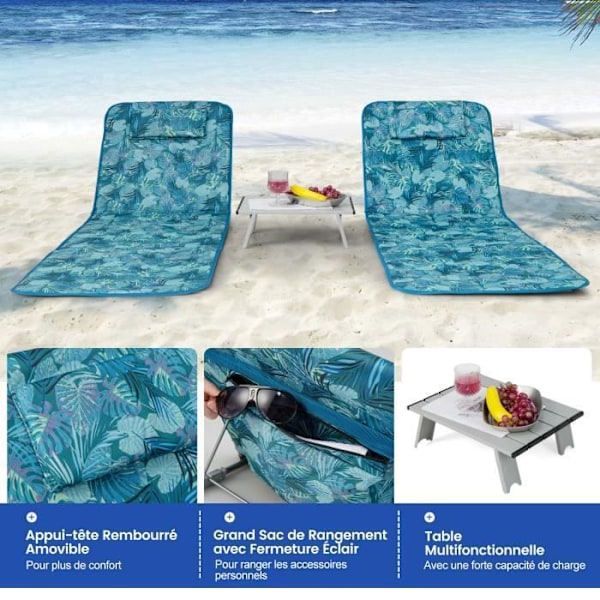 COSTWAY 2 x hopfällbar strandmadrass och sidobord, 151 x 51,5 x 27-47 CM, strandmatta med justerbart ryggstöd, havsgrön vatten grönt