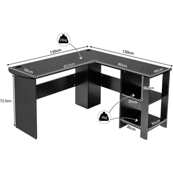COSTWAY L-format hörnskrivbord - L 130 x D 130 x H 72,5 CM - Hyllor - Spånskiva - Modernt - Svart Svart