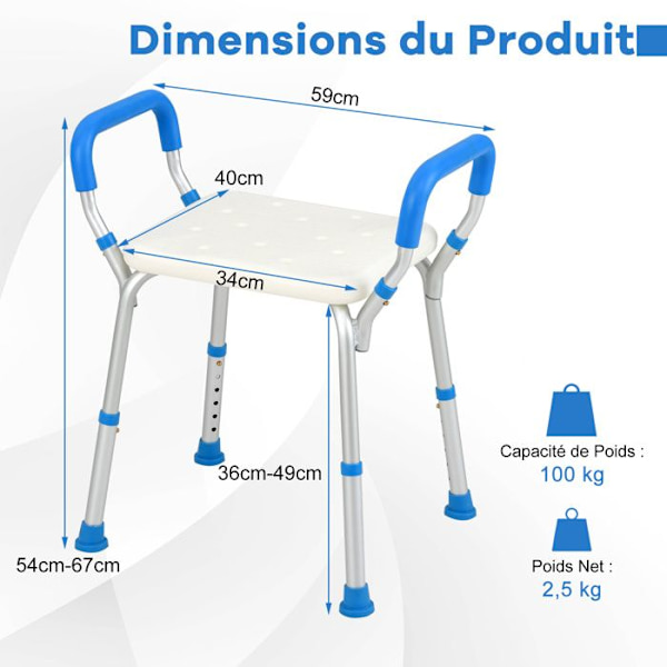COSTWAY Bruser Stool - Aftagelige Armlæn og Skridsikre Fødder, Højde 36-49 cm, til Ældre, Handicappede Blå Blå