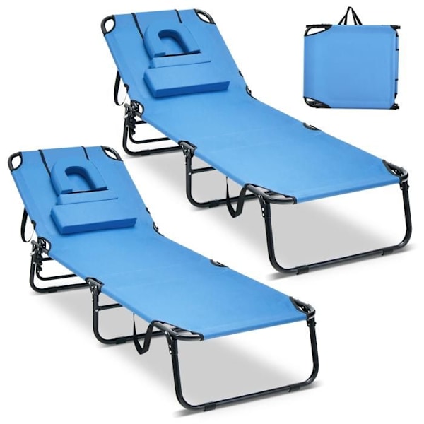 COSTWAY Sæt af 2 Sengehæve Stole Foldbare Justerbare i 5 Positioner med Hovedstøtte og Ansigtshul, 194 x 63 x 37 cm, 160 kg Blå Blå