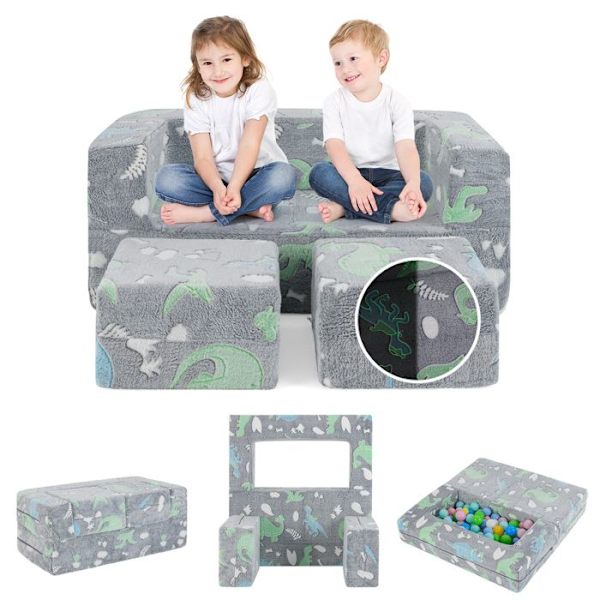 COSTWAY Glow-in-the-Dark modulsofa til 2 børn, foldbar 3 i 1, aftageligt flannelbetræk 100 x 50,5 x 40 cm, Grå