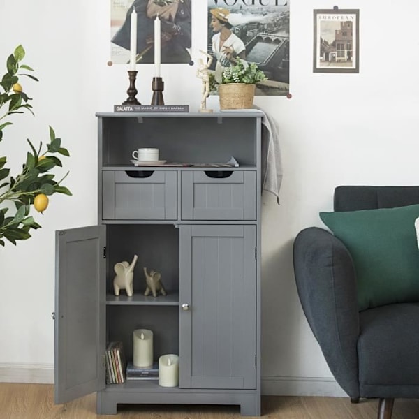 COSTWAY Badeværelsesmøbel med 2 skuffer og 2 låger, justerbar hylde, til stue, køkken, entré, 60 x 30 x 109 cm, Grå Grå