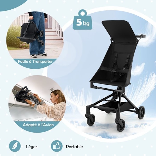 COSTWAY Bärbar Ultralätt Barnvagn på 5,8 kg för Resor med Justerbart Soltak, Underrede och EVA-hjul Grå