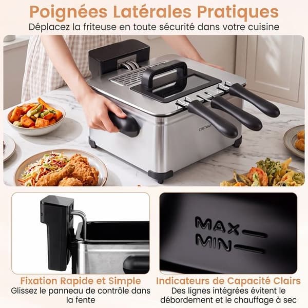 COSTWAY Elektrisk Fritös 5L 2000W med 3 Korgar, LED-Touchskärm, 6 Program, Rostfritt Stål, Tidskontroll, Silver