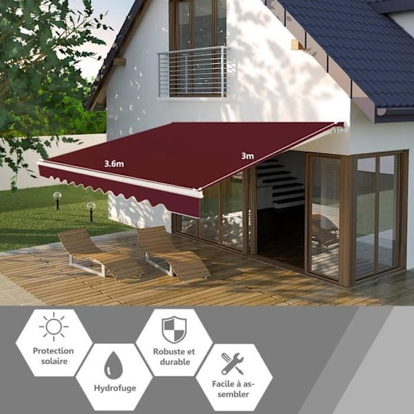 COSTWAY Markis Infällbar Balkong Markis 3,6 x 3 m med UV- och vattenavvisande tyg Aluminiumram Justerbar vinkel 5-35° Röd