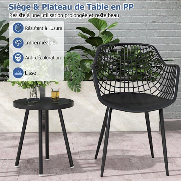 COSTWAY 3 STK Havebord og stolesæt, PP-plade, metalmøbelsæt til veranda Patio Stue Bistro Svart
