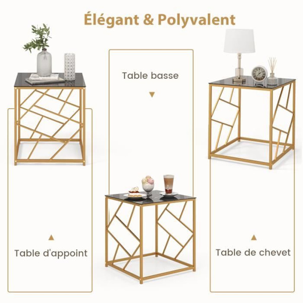 COSTWAY Litet fyrkantigt soffbord 50 x 50 x 55 cm med härdat glasskiva, guld geometrisk ram, modernt för vardagsrum, sovrum svart och guld