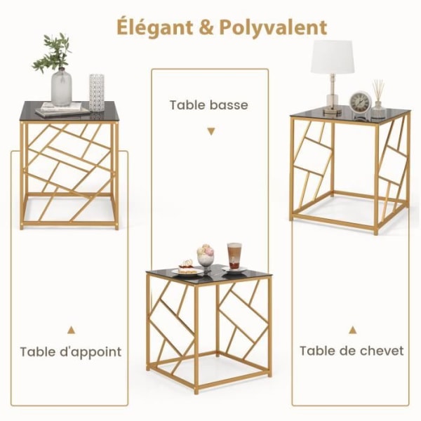 COSTWAY Pieni neliön sohvapöytä 50 x 50 x 55 cm, karkaistu lasilevy, kultainen geometrinen kehys, moderni olohuoneeseen, makuuhuoneeseen svart och guld