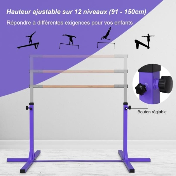 COSTWAY Steel Gymnastikstang Højdejusterbar fra 91 til 150 cm Belastning 100 kg til skole, hjem, have Diameter 4 cm Lilla