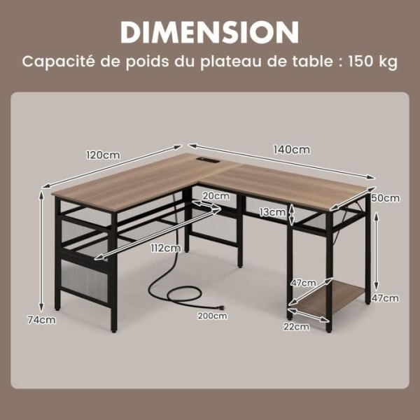 COSTWAY vändbart hörnskrivbord med förvaringshyllor i mesh, CPU-stöd, 140-120 x 50 x 74 cm