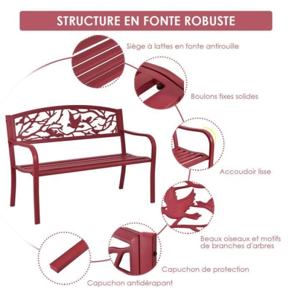 COSTWAY Havebænk 2-3 personers jern + stål Vejrbestandig Udendørsbænk i moderne stil 123x60x88cm Rød Röd