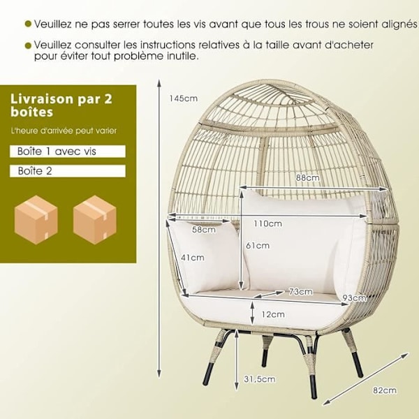 COSTWAY Cocon Stol i PE Rattan Naturlig Stil med Tykk Pute, Relax Stol 110 x 82 x 145 CM, Max vægt: 205 kg