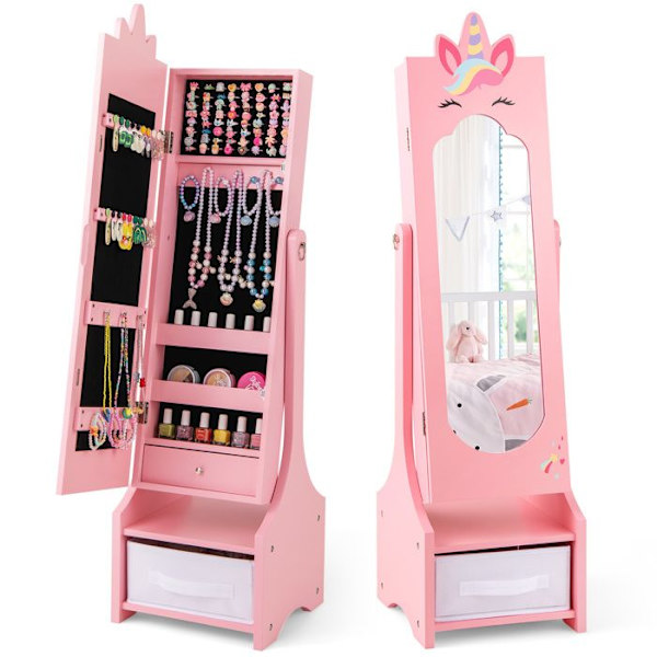 COSTWAY Smyckesskåp för barn, fristående spegel, stor förvaringskapacitet, 2 lutningsvinklar, rosa