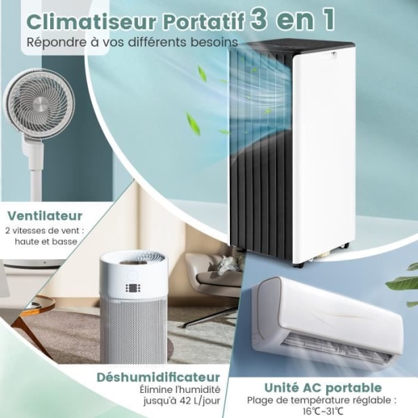 COSTWAY Mobil luftkonditionering 9000BTU 2,64kW R290 APP Klass A Tyst 5 i 1 avfuktare, viloläge, 24h timer LED-skärm Vit + Svart