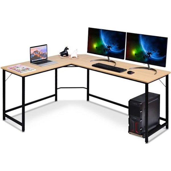 COSTWAY stort hjørneskrivebord L168 x B125 x H74CM - Op til 3 computere med CPU-understøttelse Industriel stil, naturmetalstruktur Naturlig