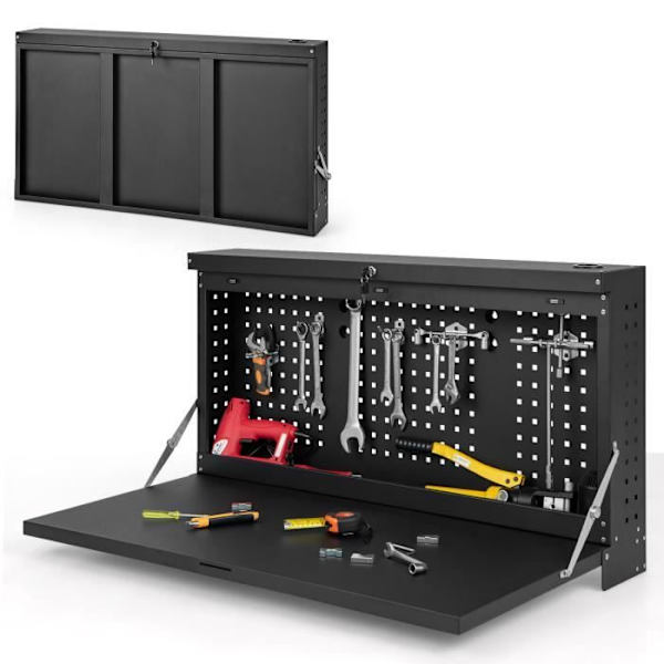 COSTWAY Wall Pegboard 2-i-1 Foldeværktøjsholder med rummelig hyldebelastning 50 kg 110 x 52 x 61 cm 90° Sidestang