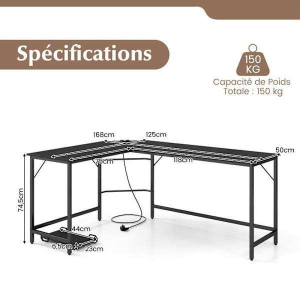 COSTWAY 168 x 125 cm kulmapöytä prosessorin pidikkeellä, 2 pistorasiaa ja USB & Type C -portti, tukeva metallirunko, musta