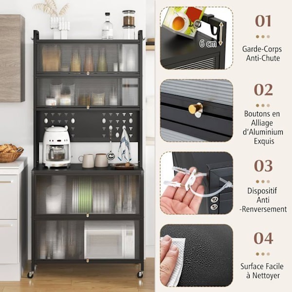 COSTWAY Pyörällinen Keittiöbuffet 6 Tasolla, Mikroaaltouunin Työtaso, Kaksiovellinen, Koukut, Säädettävät Jalustat, Musta Svart