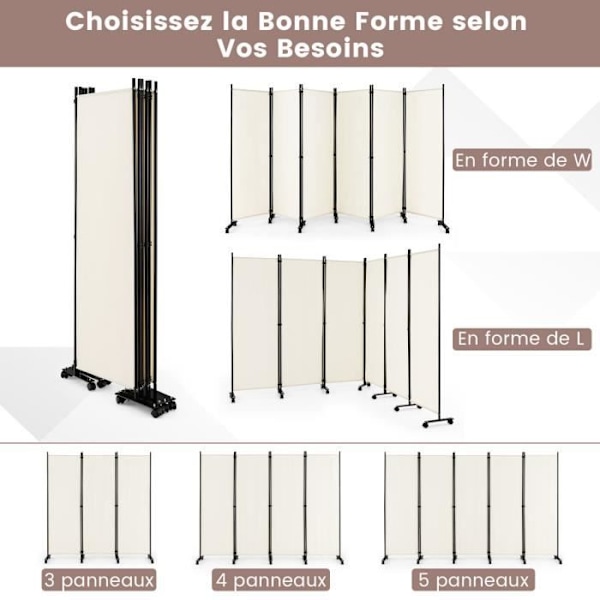 COSTWAY rulleskærm - 6 aftagelige foldepaneler 334,5 x 172 cm (L x H) Rumdeler, beige