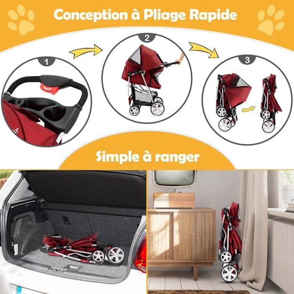 COSTWAY kokoontaitettava Pet Buggy -rattaat, 4 pyörää, 15 kg:n kissa-/koiravaunu, jossa on mukiteline ja säilytyskori, punainen