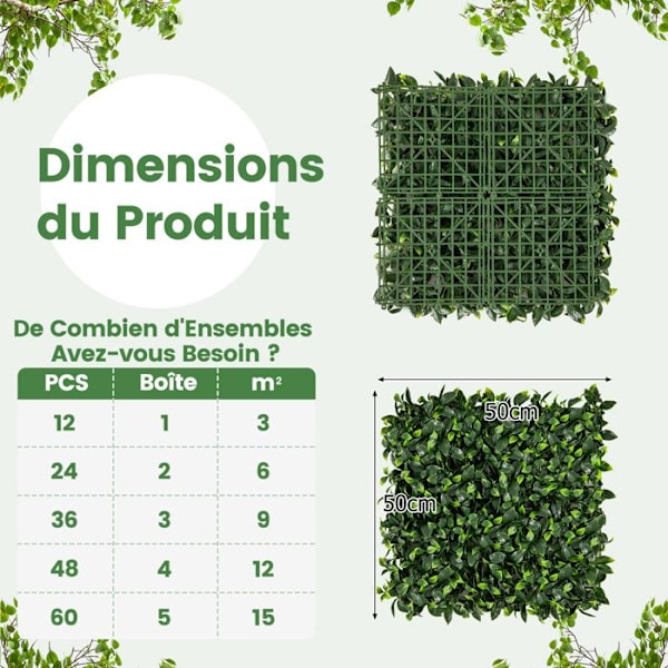 COSTWAY kunstig hæk 50 x 50 cm, 12 græsplænevægpaneler Buskpaneler i imiteret Gardenia Topiary