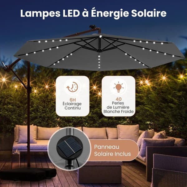 Parasol Déporté 40 LEDs 3M - COSTWAY - Bas Croisé Sac de Sable - Tissu Polyester UV 20+ Grå - Solpanel 6 Timmar Grå