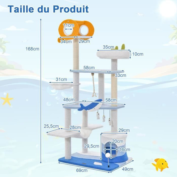 COSTWAY Cat Tree 168 CM - lägenhet, skrapstolpar, hängande pumps, fjäderpumpar, toppabborre, hängmatta - havstema