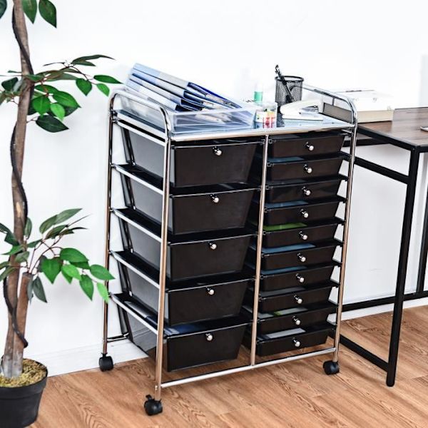 Förvaringsvagn med 15 lådor på hjul inklusive 2 hjul med bromsar Krom metallram 62,5x37x87CM Svart för kontor