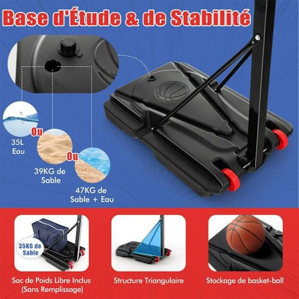COSTWAY Fritstående Basketball Hoop 105-260cm Justerbar Højde-82cm Backboard-2 Hjul-35L Vandfyldbar Base-Udendørs