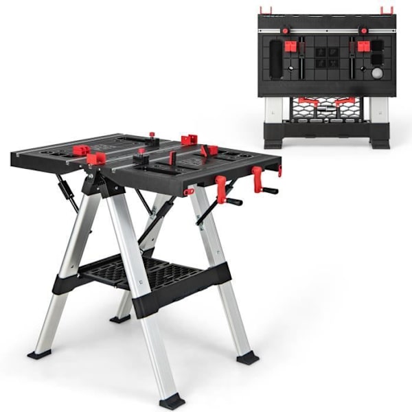 COSTWAY Sammenfoldelig metal- og aluminiumsarbejdsbænk Justerbar højde, roterende spændehåndtag DIY-easel 454 kg Rød