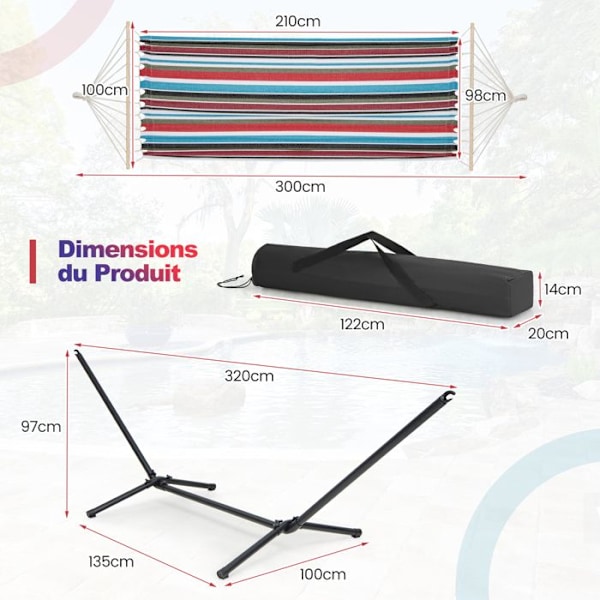 COSTWAY Hængekøje med Robust Metalstøtte, Stabil Støtte på 320 cm Lang og Poly-Cotton Lærred 210 x 100 cm, 150KG, Farverig Färgad