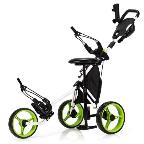 COSTWAY hopfällbar golfvagn 3 hjul-4 justerbara höjder-Hydrauliskt säte-Justerbar paraplyhållare-Drickshållare-Grön väska