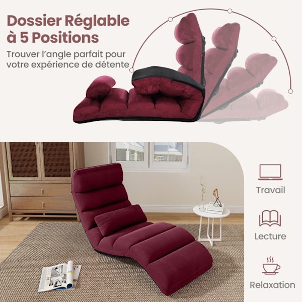 COSTWAY Foldbar Relax Lænestol Justerbar Ryglæn 5 Positioner i imiteret ruskind Gulvstol til Stue, Kontor-175x55x25CM Burgundrød Röd Bordeaux
