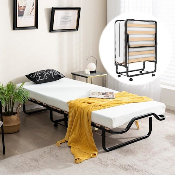 COSTWAY hopfällbar säng 80x199 CM med 10 cm tjock skummadrass, hopfällbar säng för 1 person med 15 träribbor