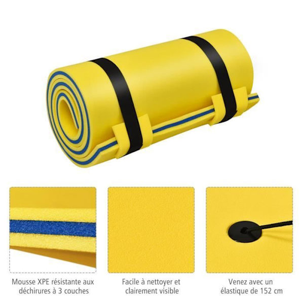 COSTWAY Flydende poolmåtte i XPE-skum 210x66CM 3 lag med 1,5M elastisk fastgørelse 60KG bæreevne til strand