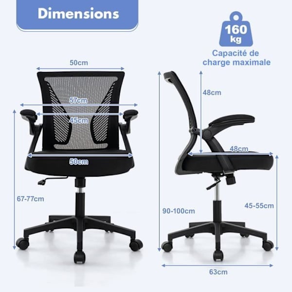 COSTWAY Ergonomisk kontorstol med foldbare armlæn, 30° vippet ryglæn, justerbart sæde fra 45 til 55 cm Svart