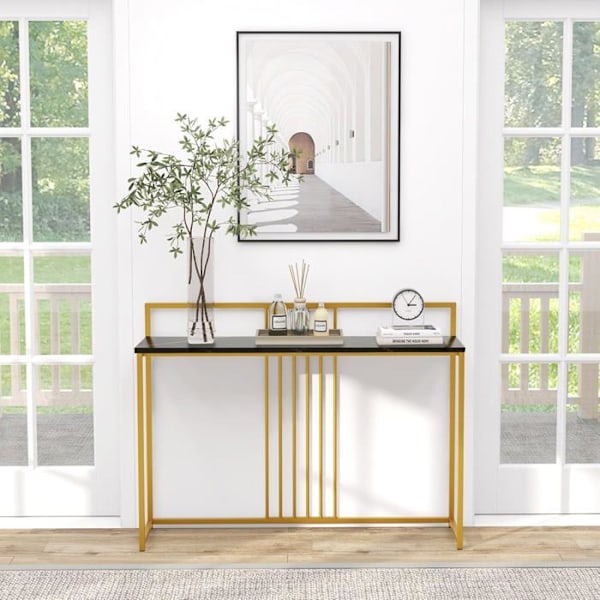 Konsolbord -COSTWAY- Marmortryk - 120 x 32 x 89 CM - Sort metalstel Moderne indgangsmøbler Svart och guld