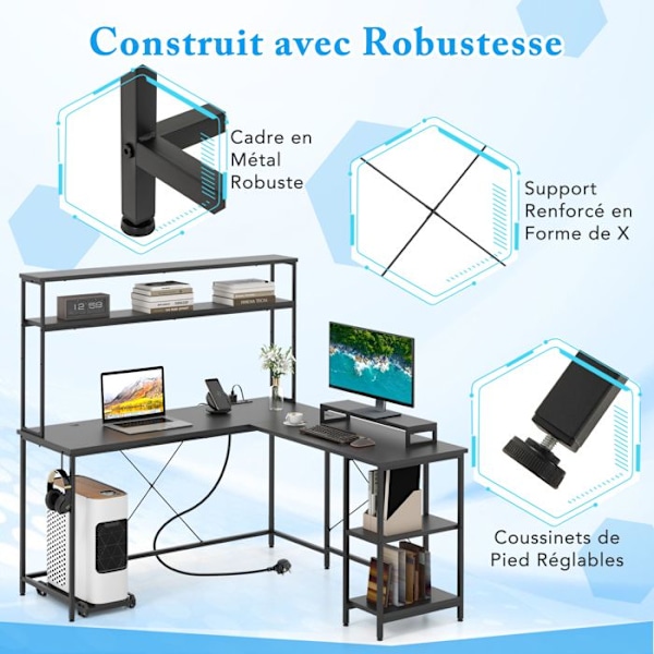 COSTWAY Reversibel Vinkelbureau - RGB Lys - Strømstik - Skærm & CPU Stativ - Sort Opbevaringshylder