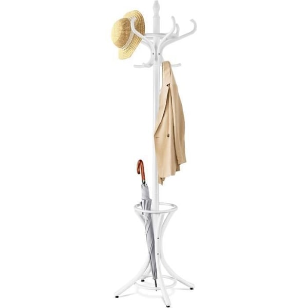 COSTWAY Fritstående knagerække i massivt træ - 12 kroge - til frakker Hatte - Paraplyholder til opbevaring - 51 x 51 x 184 CM - Hvid Vit
