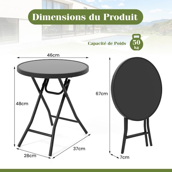 COSTWAY Pöyrivä Puutarhapöytä 46 cm, Karkaistu Lasipöytä, Pyöreä Pöytä Sisä- ja Ulkokäyttöön, Käytettäväksi Pihalla, Veranda, Olohuone, Musta Svart