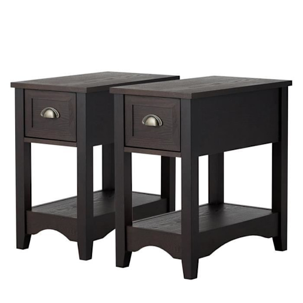 COSTWAY Sæt med 2 sideborde med skuffe, gummiben, 56x33x58,5 cm, Retro Sofa End, Valnøddebrun Valnötsbrun