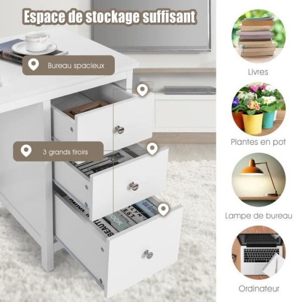 COSTWAY computerbord, computerbord 120 x 50 x 75 cm Rummeligt med 3 skuffer, moderne stil hvid farve Vit