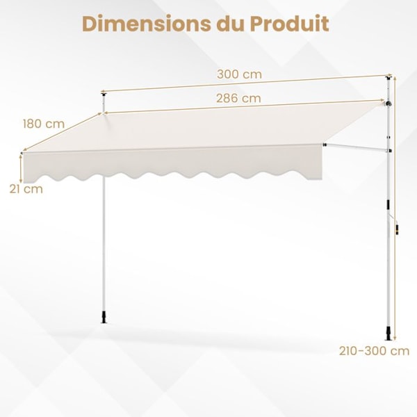COSTWAY Butik Banner Manuell Återkallbar 3 x 1,2M - Veva Höjdjusterbar 210-300CM, Terrassmarkis UV-skydd Vit