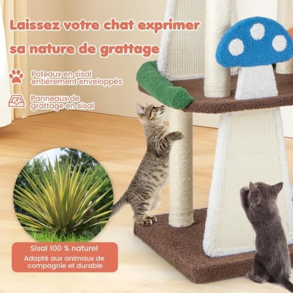 COSTWAY Mushroom Cat Tree - 2 lägenheter, interaktiva bollar, skrapstolpe, plattform - Cat Play Tower färgrik